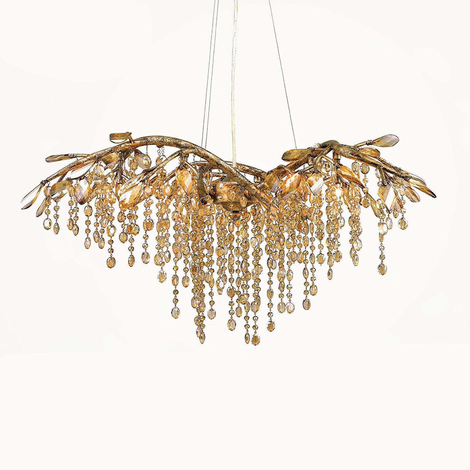 Nature Inspired Crystal Branch Chandelier with Glass Dewdrops and Metallic Finish