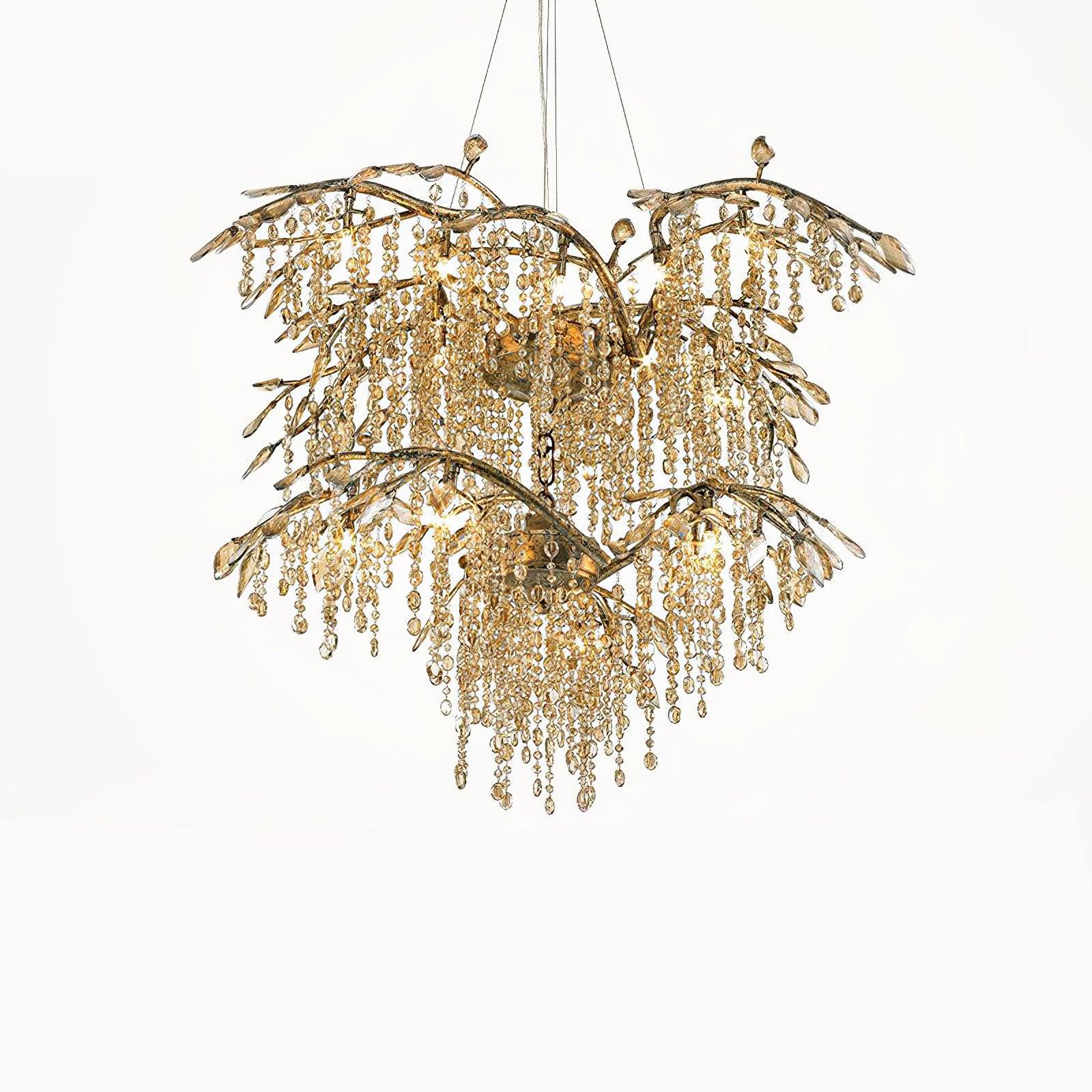 Nature Inspired Crystal Branch Chandelier with Glass Dewdrops and Metallic Finish
