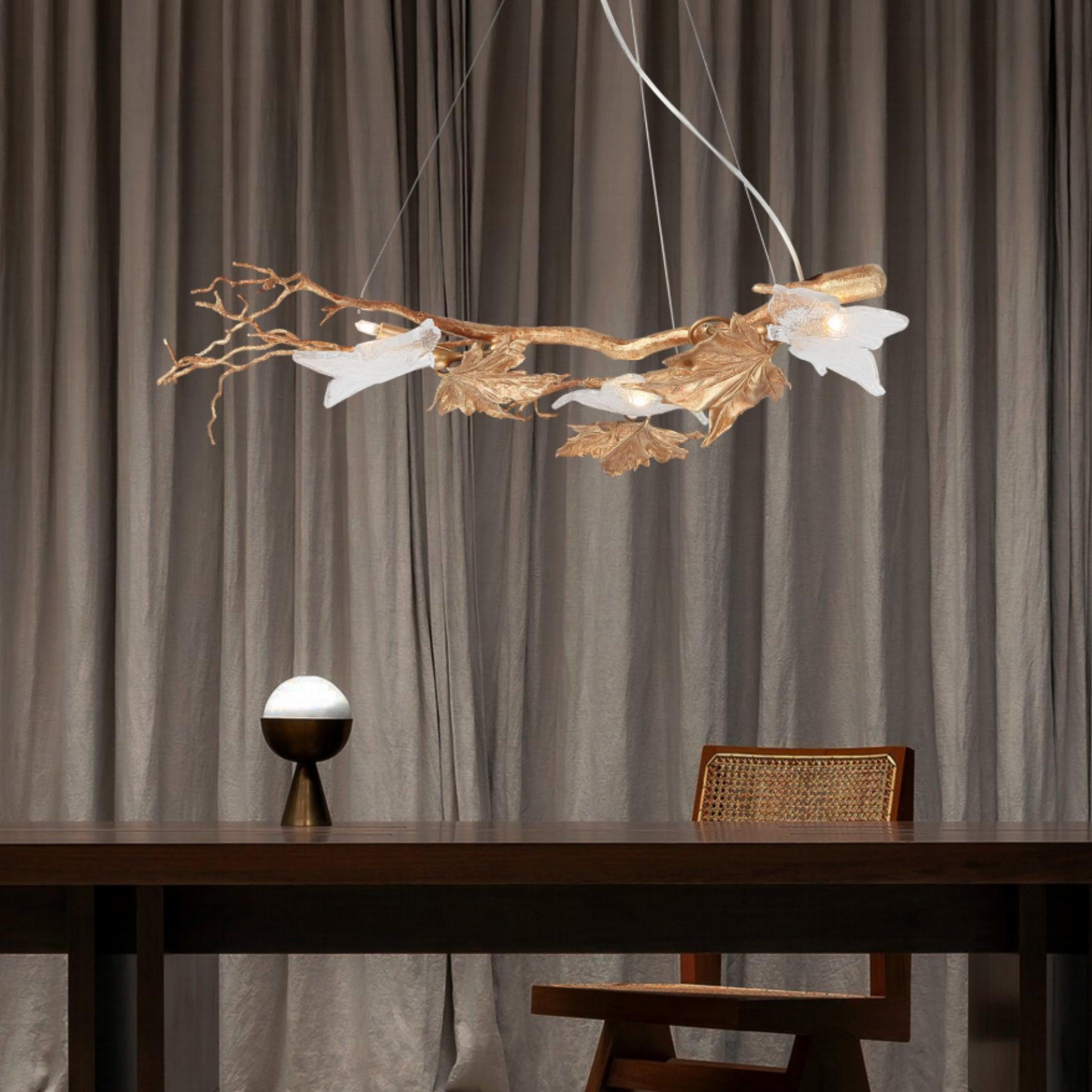 Nature Inspired Folio Brass Branch Chandelier with Glass Maple Leaf Accents