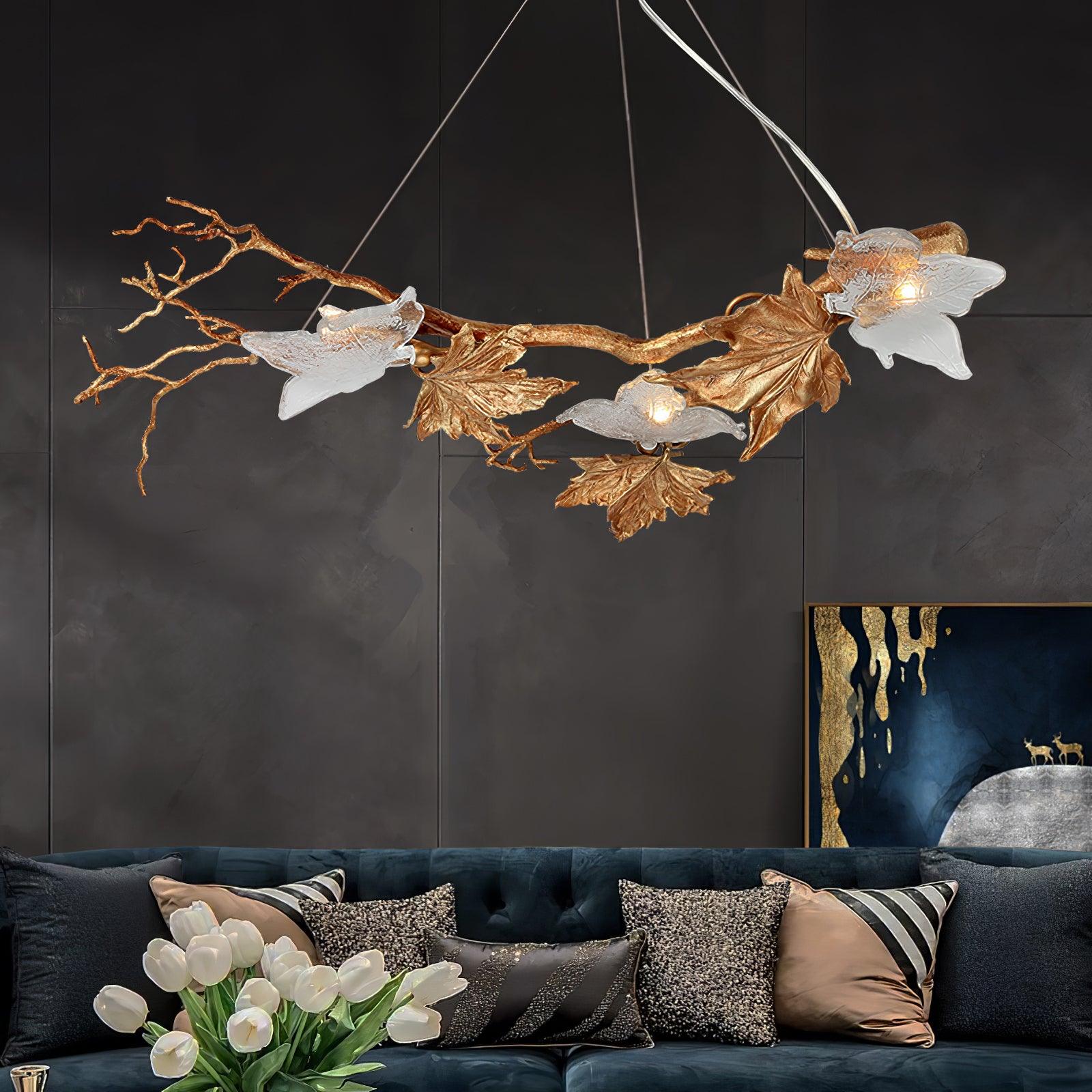 Nature Inspired Folio Brass Branch Chandelier with Glass Maple Leaf Accents
