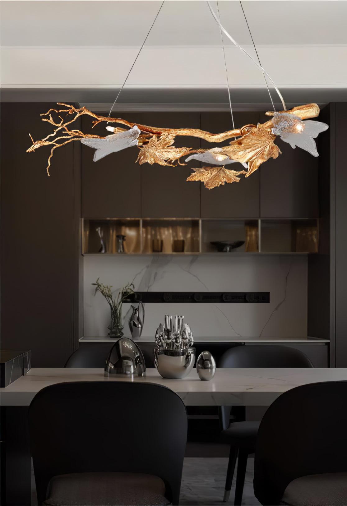Nature Inspired Folio Brass Branch Chandelier with Glass Maple Leaf Accents