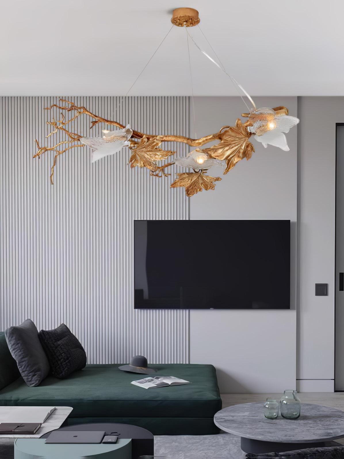 Nature Inspired Folio Brass Branch Chandelier with Glass Maple Leaf Accents