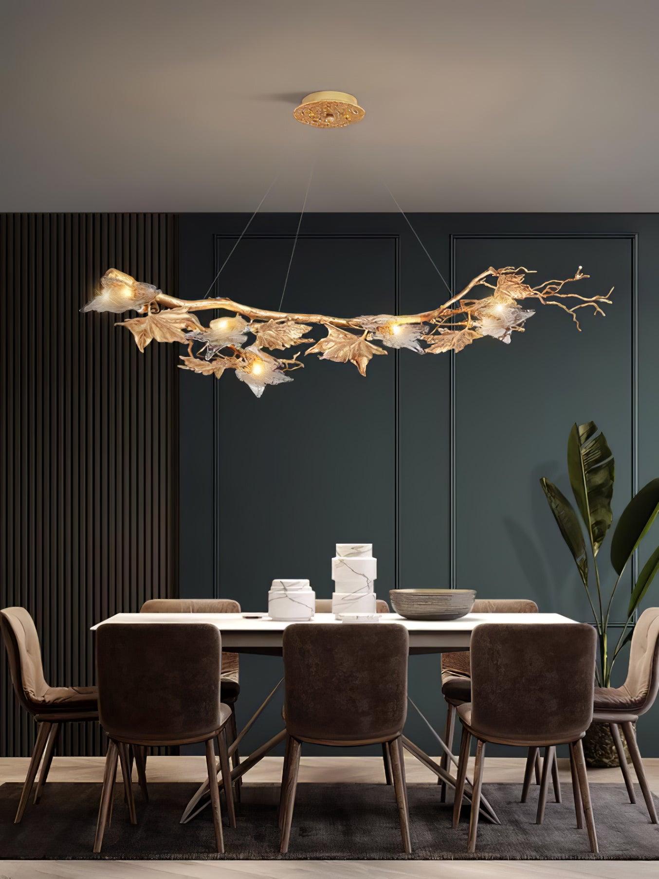 Nature Inspired Folio Brass Branch Chandelier with Glass Maple Leaf Accents