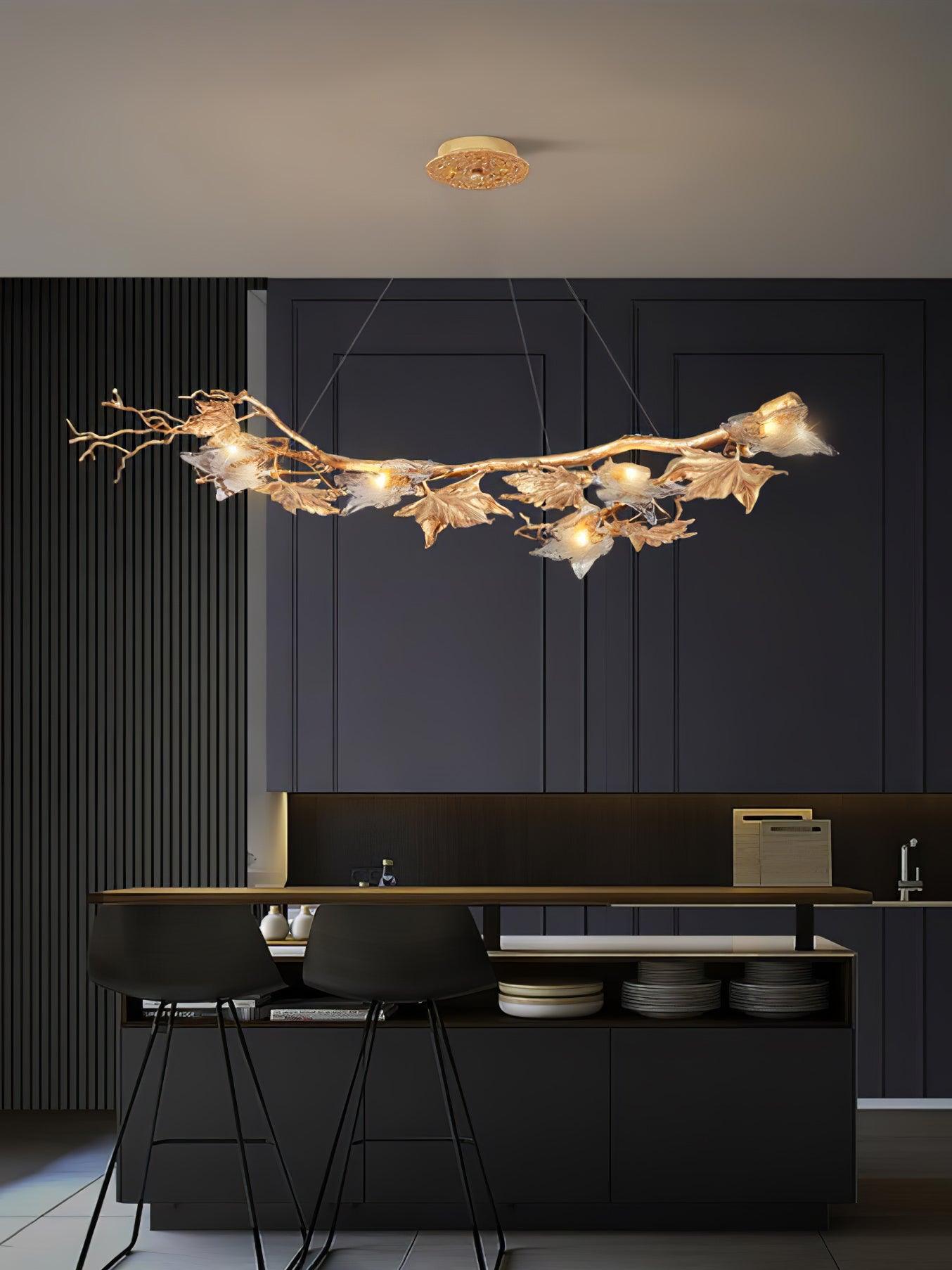 Nature Inspired Folio Brass Branch Chandelier with Glass Maple Leaf Accents