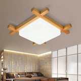 Square Natural Wood LED Flush Mount Ceiling Light Dimmable Modern Nordic Fixture for Home