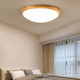 Modern Nordic Wood Flush Mount Ceiling Light 14 Inch Dimmable Bamboo LED Fixture for Bedroom and Office