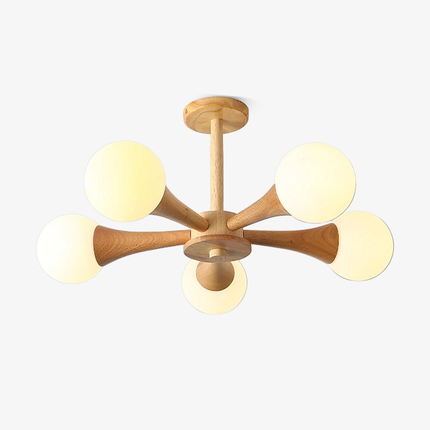 Nera Gasolier Wooden Chandelier with White Glass Globes for Mid Century Modern Interior Decor