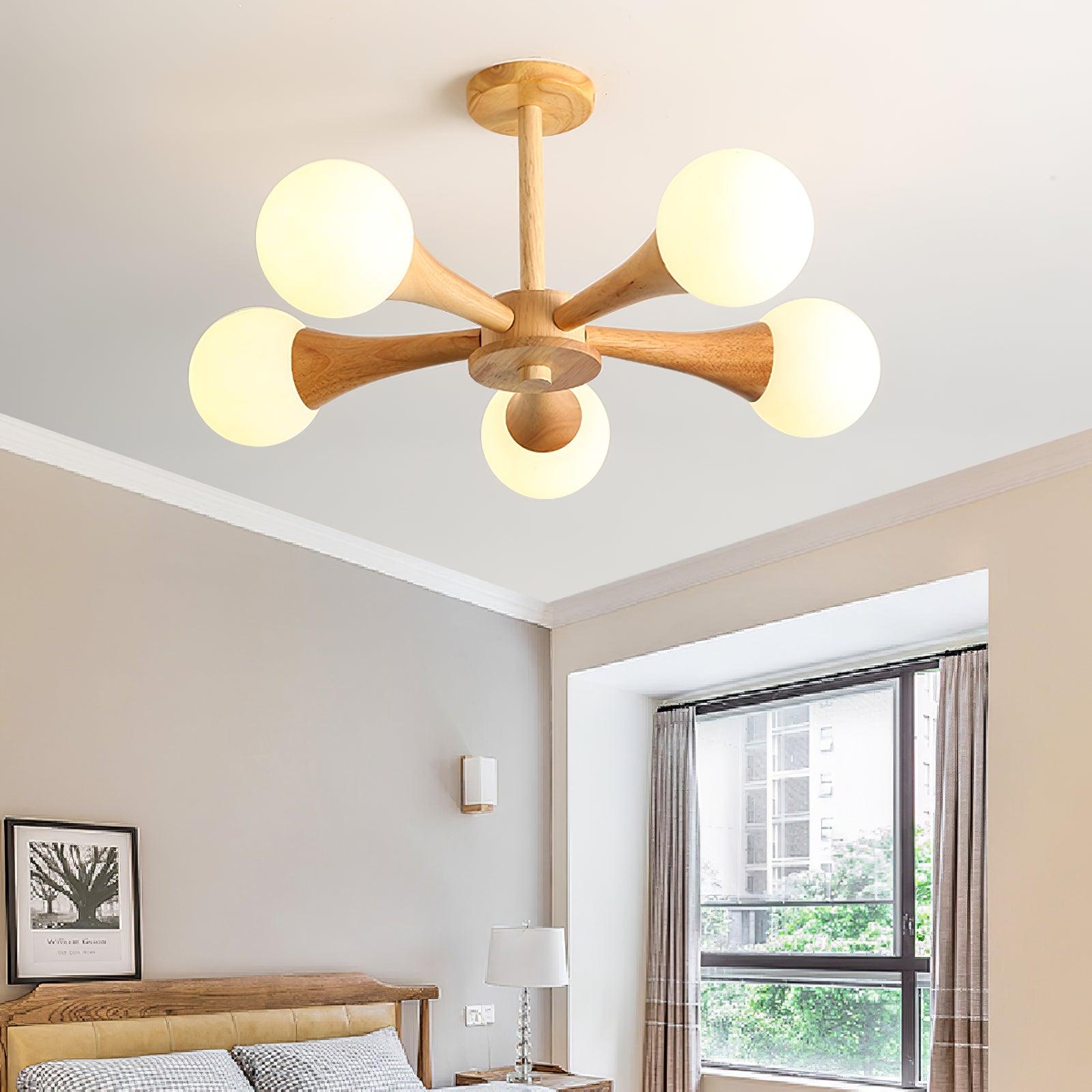 Nera Gasolier Wooden Chandelier with White Glass Globes for Mid Century Modern Interior Decor