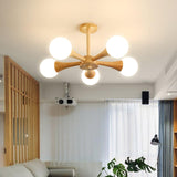 Nera Gasolier Wooden Chandelier with White Glass Globes for Mid Century Modern Interior Decor