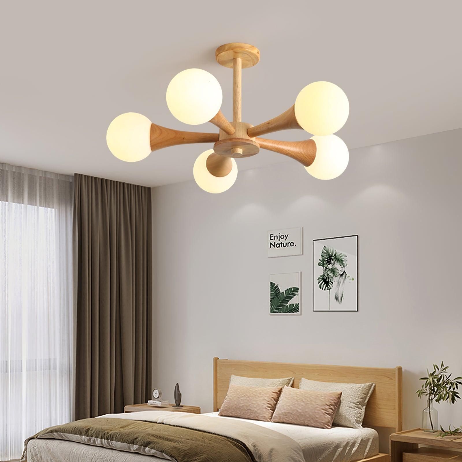 Nera Gasolier Wooden Chandelier with White Glass Globes for Mid Century Modern Interior Decor