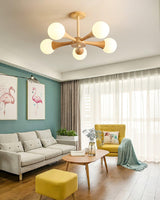 Nera Gasolier Wooden Chandelier with White Glass Globes for Mid Century Modern Interior Decor