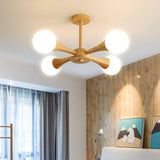 Nera Gasolier Wooden Chandelier with White Glass Globes for Mid Century Modern Interior Decor
