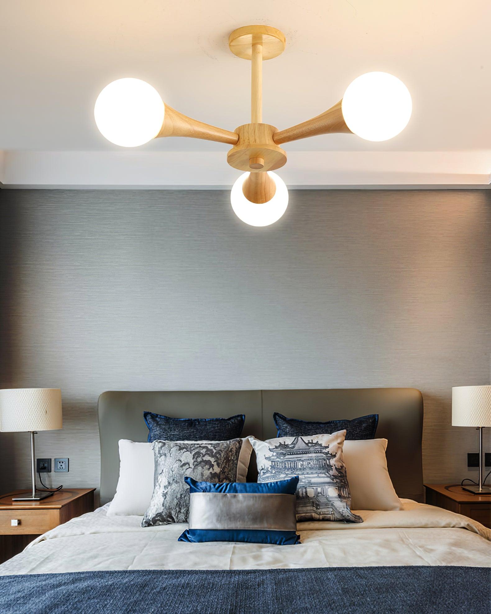 Nera Gasolier Wooden Chandelier with White Glass Globes for Mid Century Modern Interior Decor