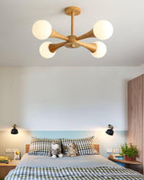 Nera Gasolier Wooden Chandelier with White Glass Globes for Mid Century Modern Interior Decor