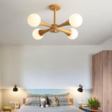 Nera Gasolier Wooden Chandelier with White Glass Globes for Mid Century Modern Interior Decor