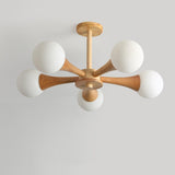Nera Gasolier Wooden Chandelier with White Glass Globes for Mid Century Modern Interior Decor