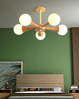 Nera Gasolier Wooden Chandelier with White Glass Globes for Mid Century Modern Interior Decor