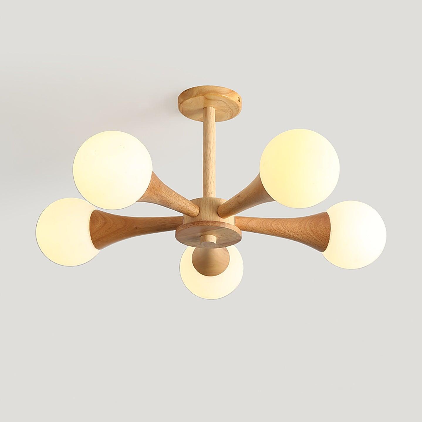 Nera Gasolier Wooden Chandelier with White Glass Globes for Mid Century Modern Interior Decor