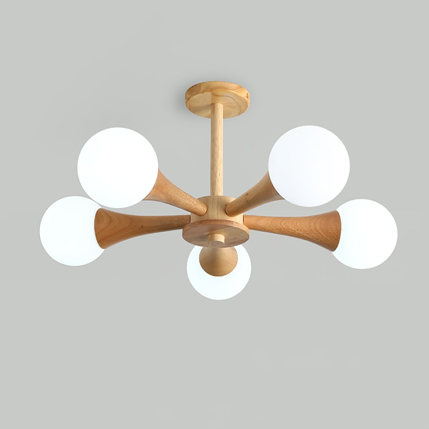 Nera Gasolier Wooden Chandelier with White Glass Globes for Mid Century Modern Interior Decor