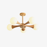 Nera Gasolier Wooden Chandelier with White Glass Globes for Mid Century Modern Interior Decor