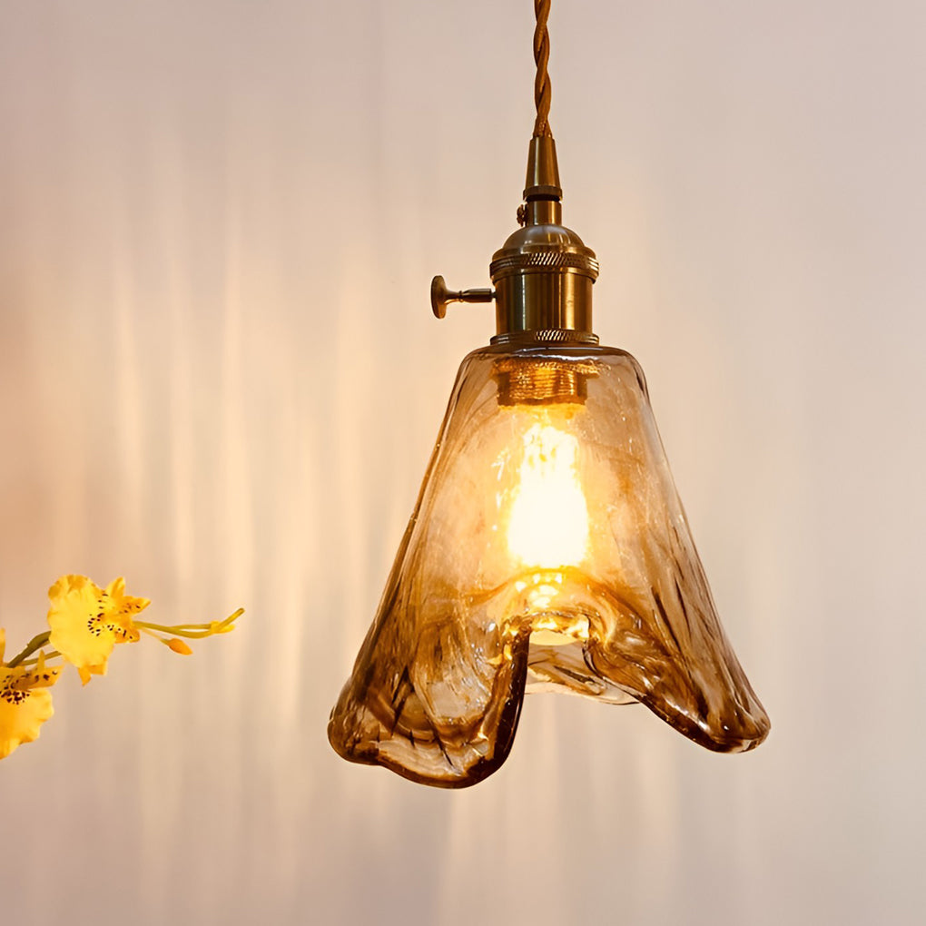 Nordic Amber Glass LED Pendant Light with Electroplated Metal Hanging Lamp for Island