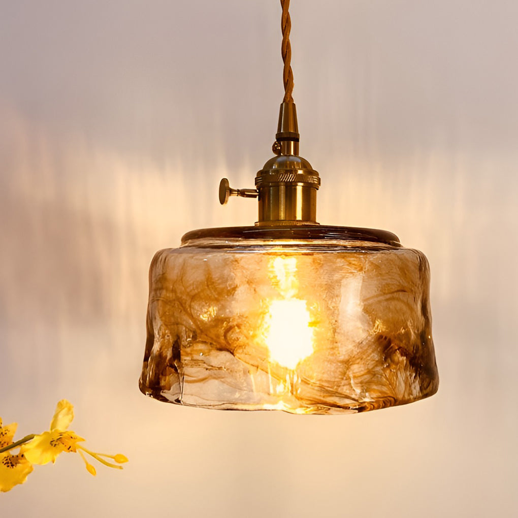 Nordic Amber Glass LED Pendant Light with Electroplated Metal Hanging Lamp for Island