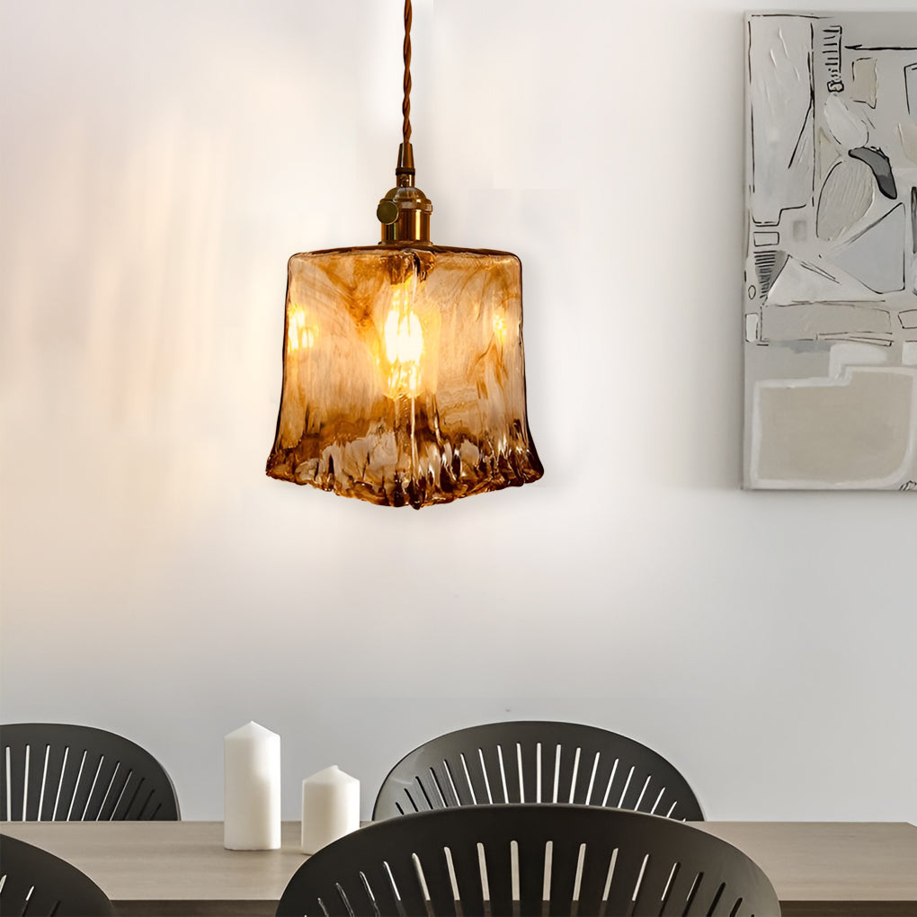 Nordic Amber Glass LED Pendant Light with Electroplated Metal Hanging Lamp for Island