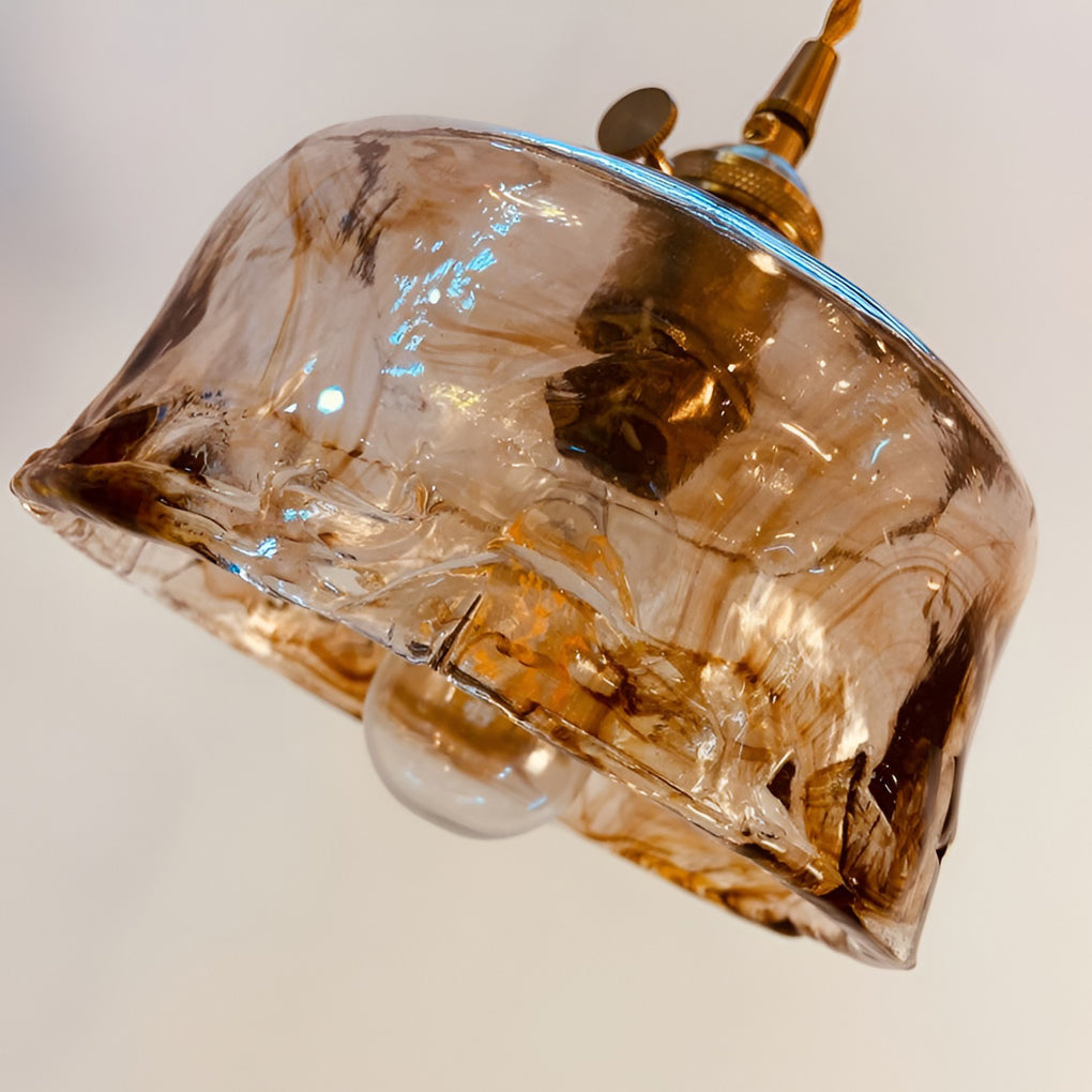 Nordic Amber Glass LED Pendant Light with Electroplated Metal Hanging Lamp for Island