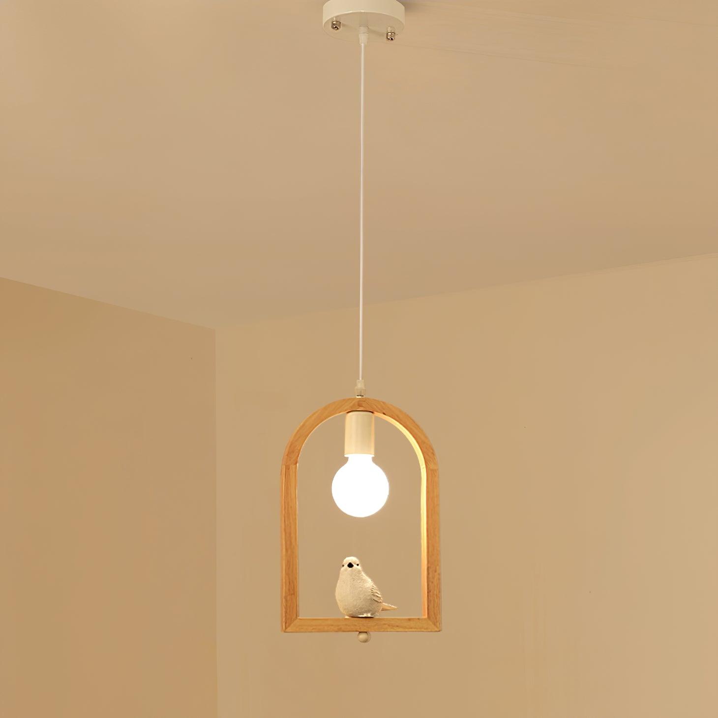 Nordic Bird House Resin Pendant Light Wood Geometric Hanging Lamp for Modern Home Decor