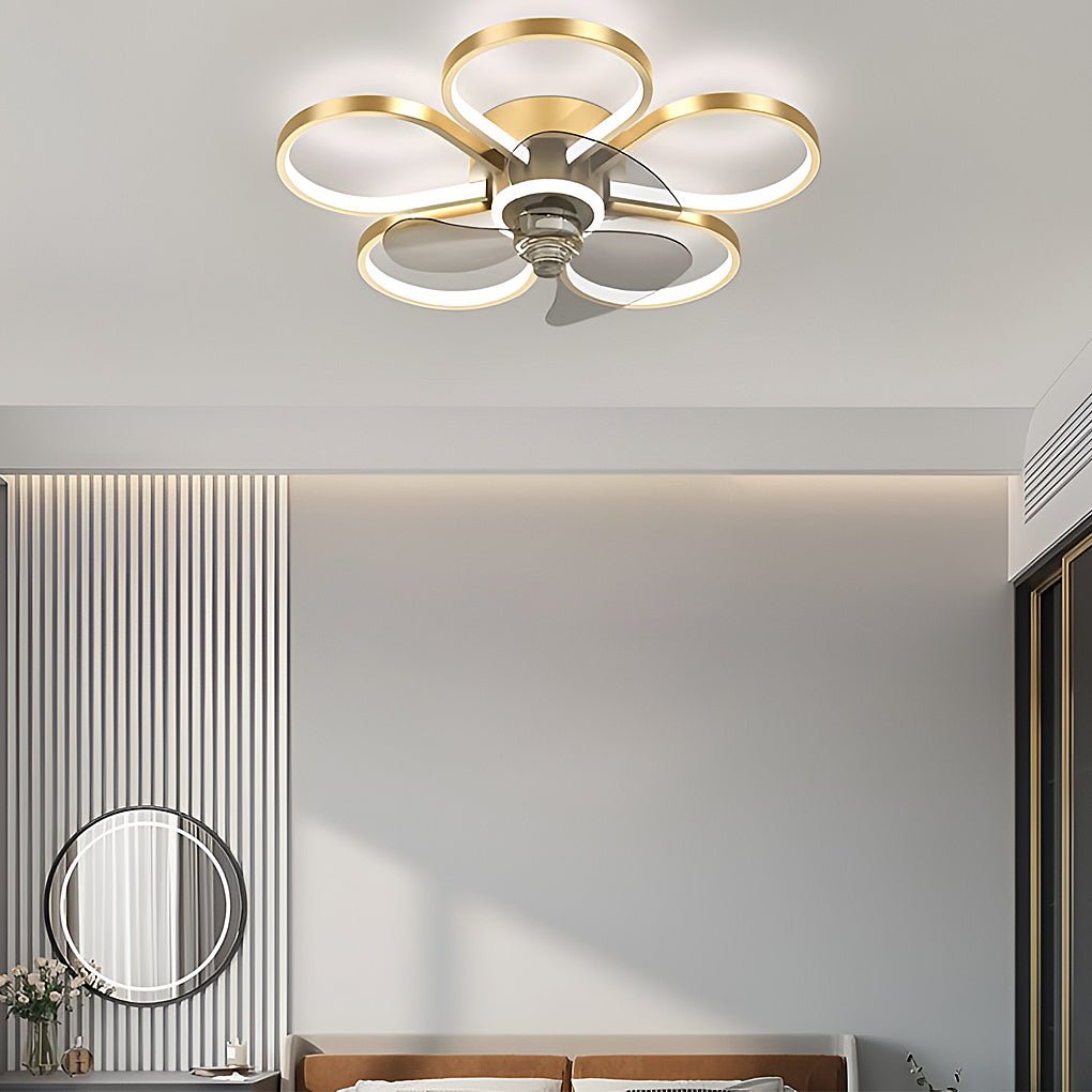 Low Profile Modern Flower LED Ceiling Fan Flush Mount with Reversible DC Motor for Bedroom