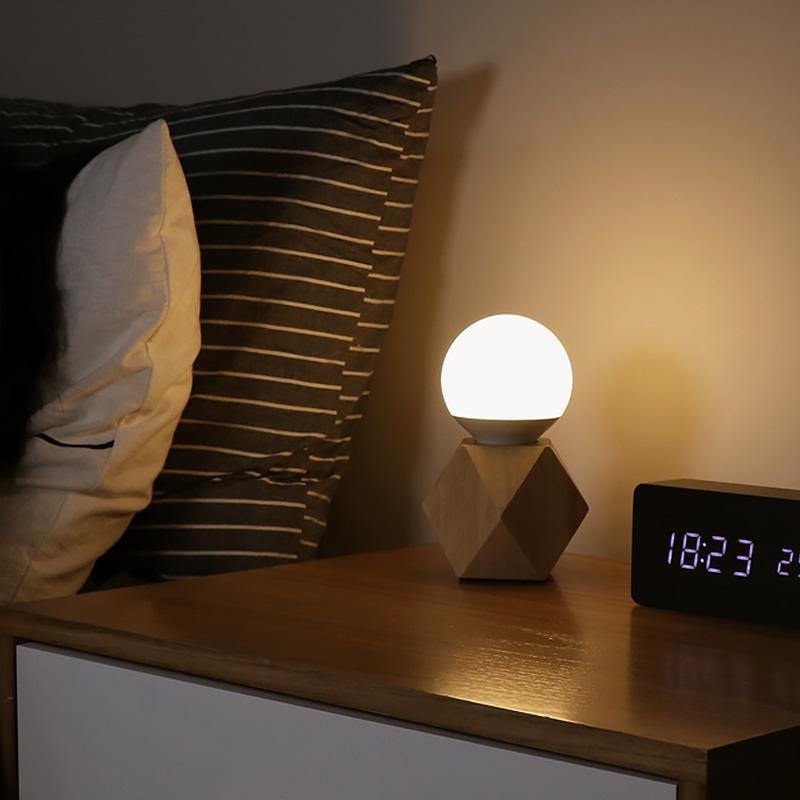 Nordic Geometric Wooden Bedside Touch Lamp with USB Charging Port and LED Bulb