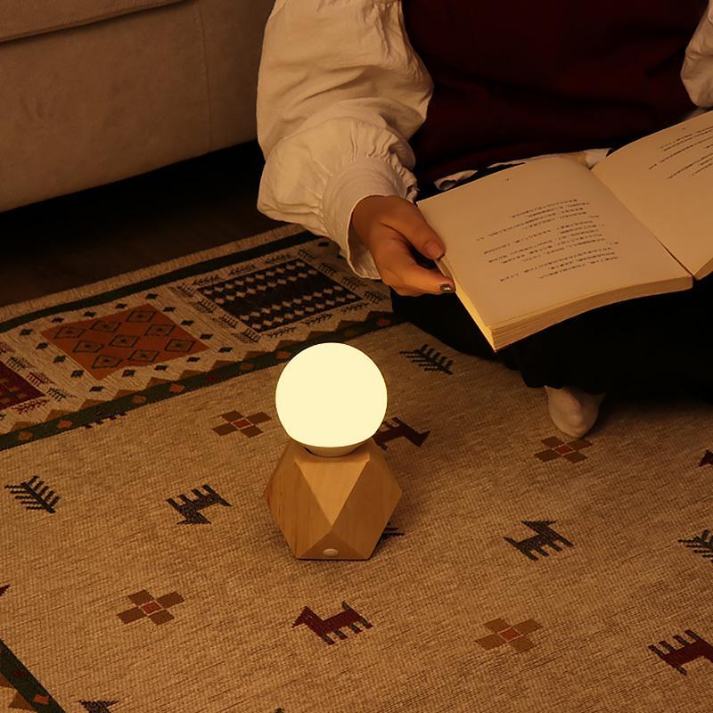 Nordic Geometric Wooden Bedside Touch Lamp with USB Charging Port and LED Bulb
