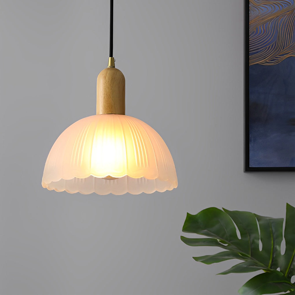 Nordic Glass Flower and Wood Pendant Light Modern White Hanging Chandelier Lamp for Dining Room