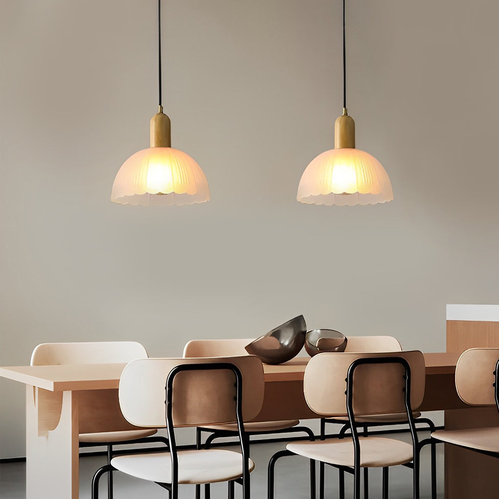 Nordic Glass Flower and Wood Pendant Light Modern White Hanging Chandelier Lamp for Dining Room