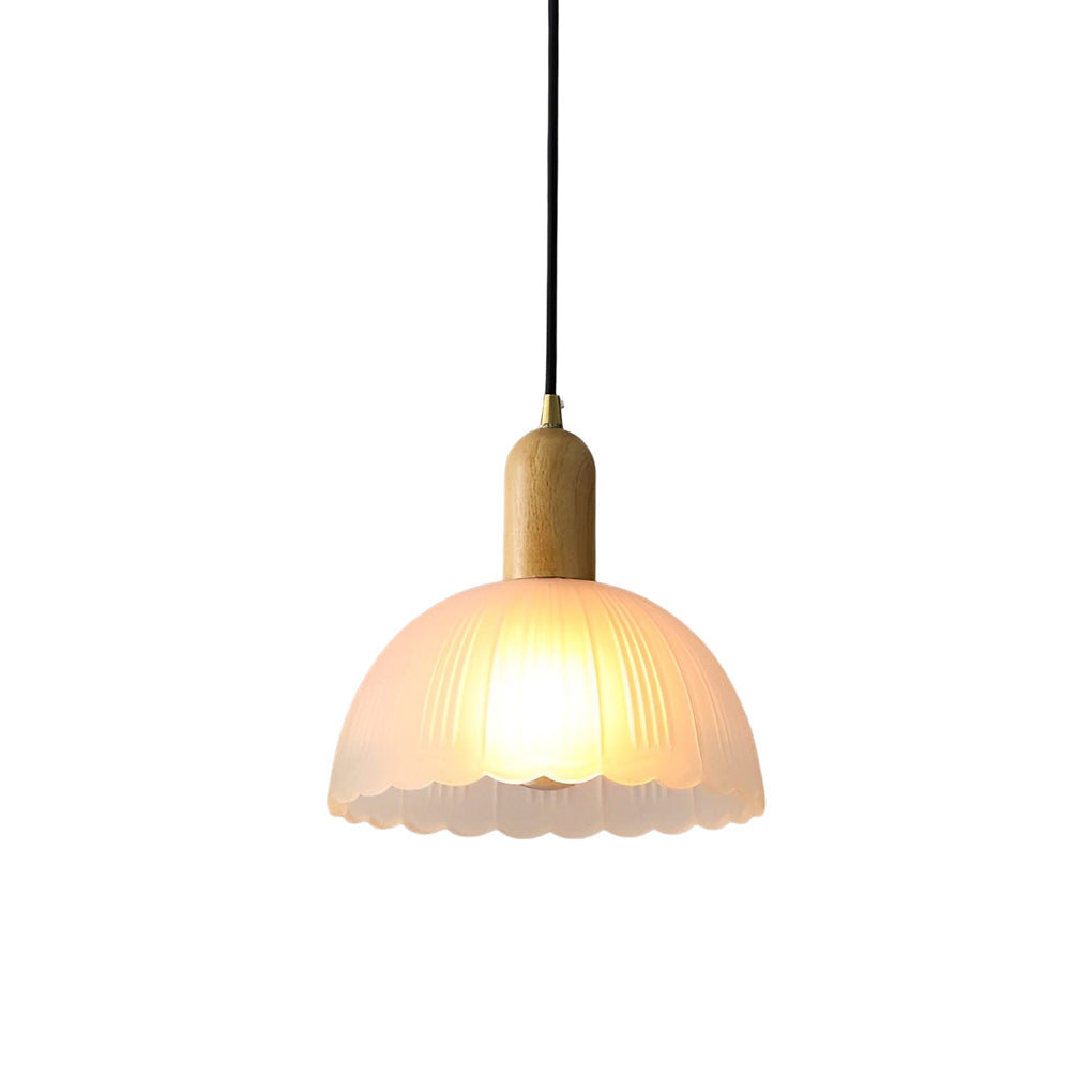 Nordic Glass Flower and Wood Pendant Light Modern White Hanging Chandelier Lamp for Dining Room