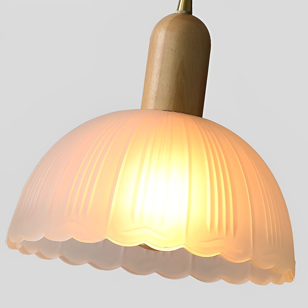 Nordic Glass Flower and Wood Pendant Light Modern White Hanging Chandelier Lamp for Dining Room