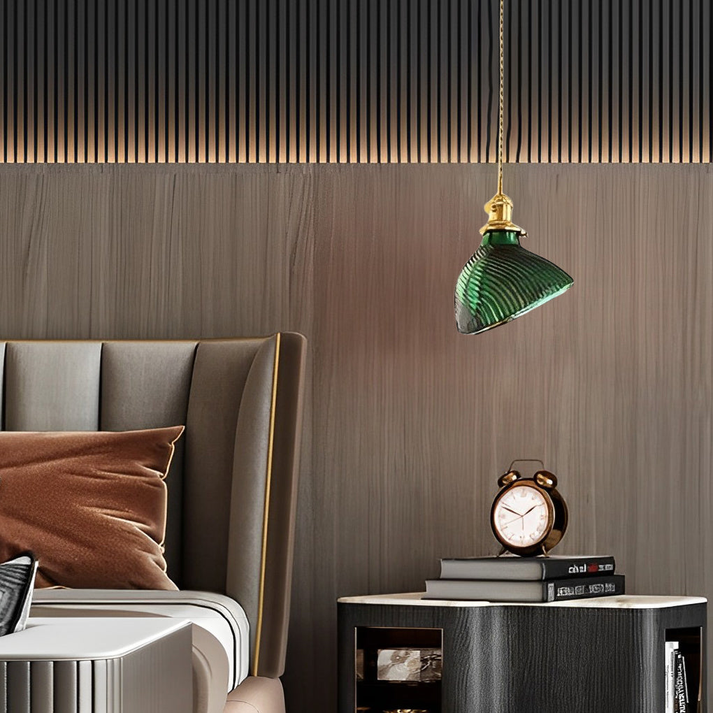 Nordic Green Glass Pendant Light with Copper Base Retro Emerald Hanging Lamp for Dining Room