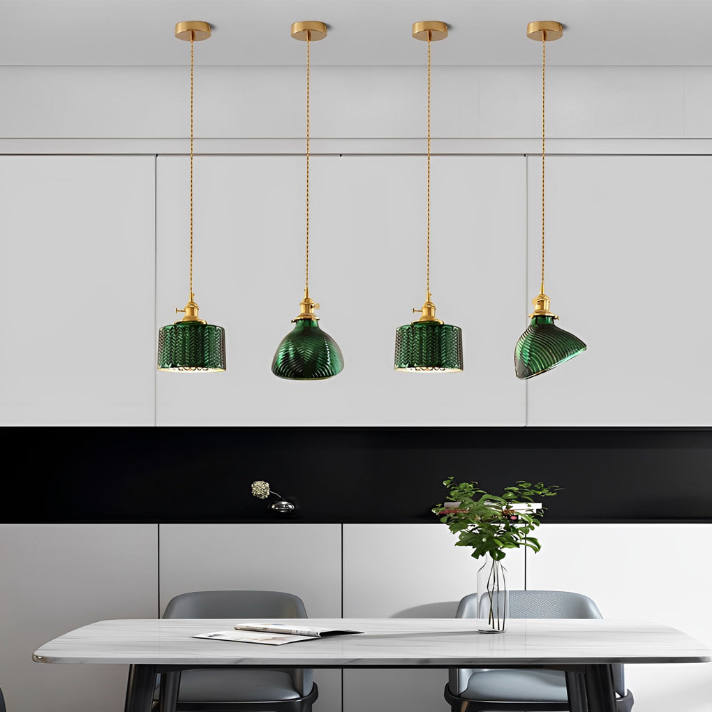 Nordic Green Glass Pendant Light with Copper Base Retro Emerald Hanging Lamp for Dining Room