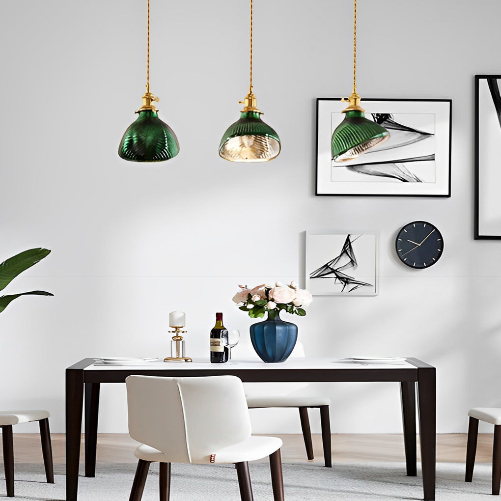 Nordic Green Glass Pendant Light with Copper Base Retro Emerald Hanging Lamp for Dining Room
