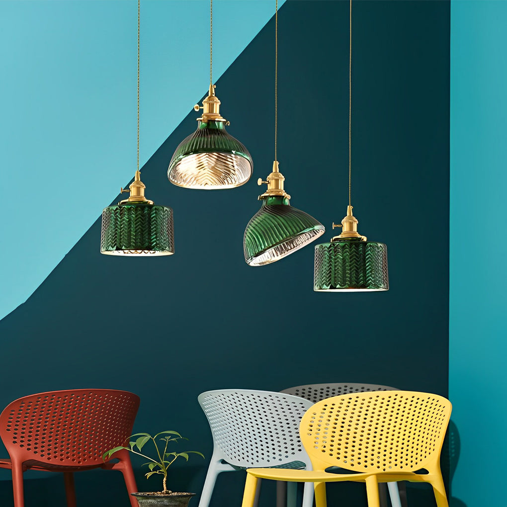 Nordic Green Glass Pendant Light with Copper Base Retro Emerald Hanging Lamp for Dining Room