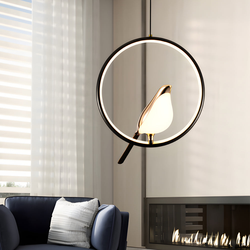 Nordic Magpie Bird LED Ring Pendant Light for Dining Room and Kitchen Island in Gold and Black