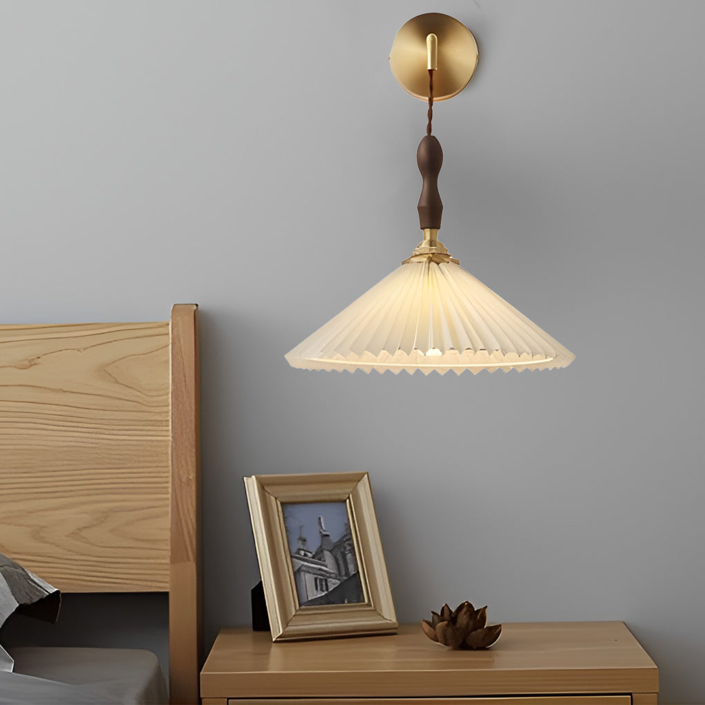 Nordic Pleated Shade LED Pendant Light and Wall Sconce with Walnut Wood Accents