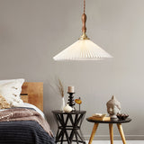 Nordic Pleated Shade LED Pendant Light and Wall Sconce with Walnut Wood Accents