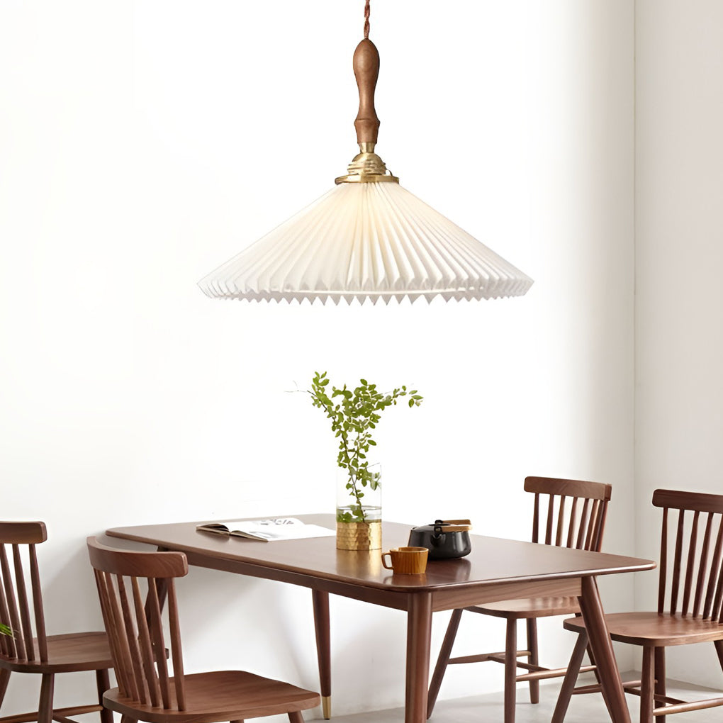 Nordic Pleated Shade LED Pendant Light and Wall Sconce with Walnut Wood Accents