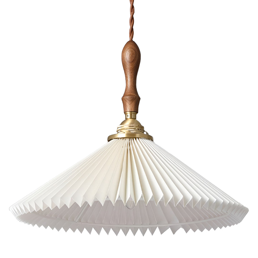 Nordic Pleated Shade LED Pendant Light and Wall Sconce with Walnut Wood Accents