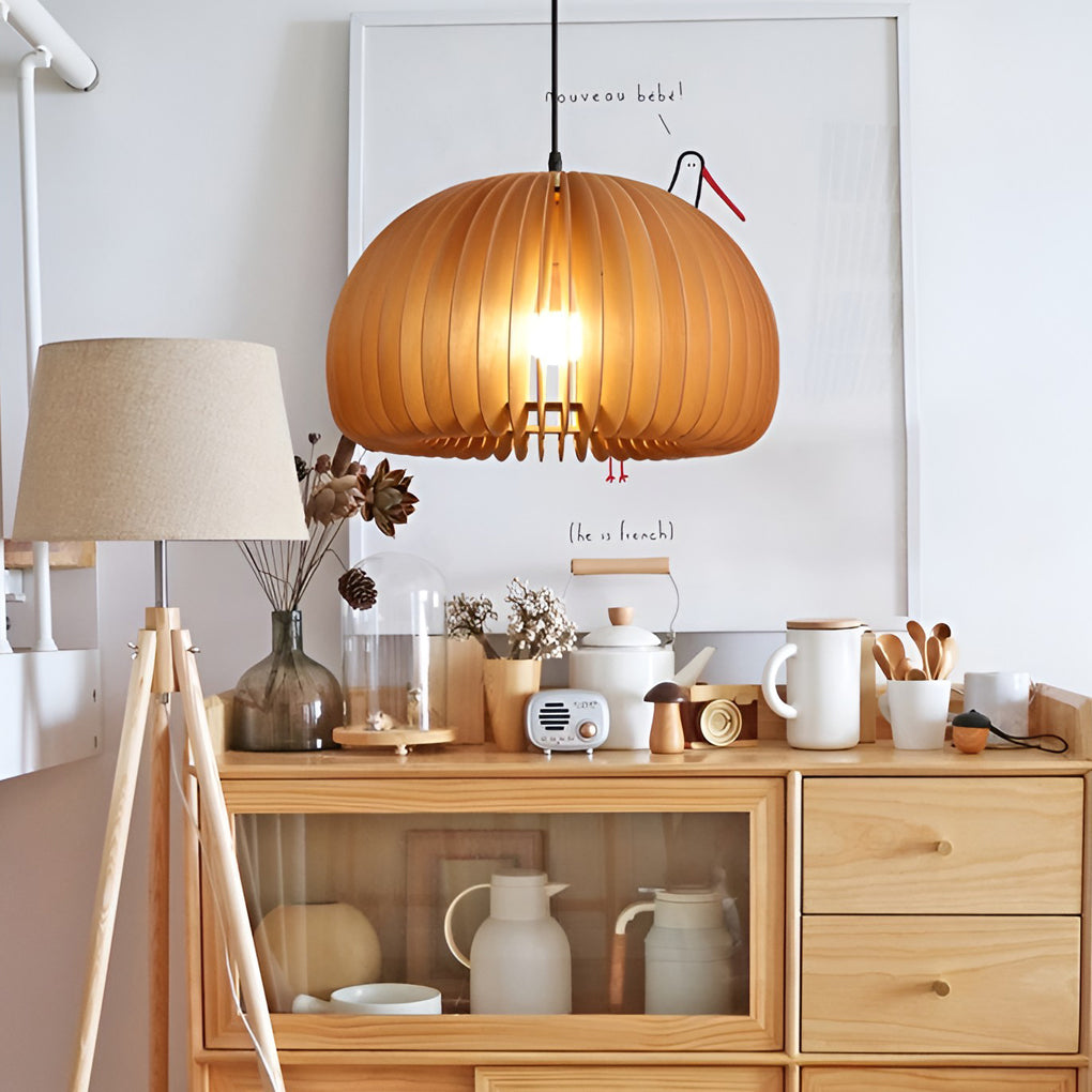 Nordic Style Wooden Pumpkin Pendant Light Retro Basswood Chandelier for Living Room