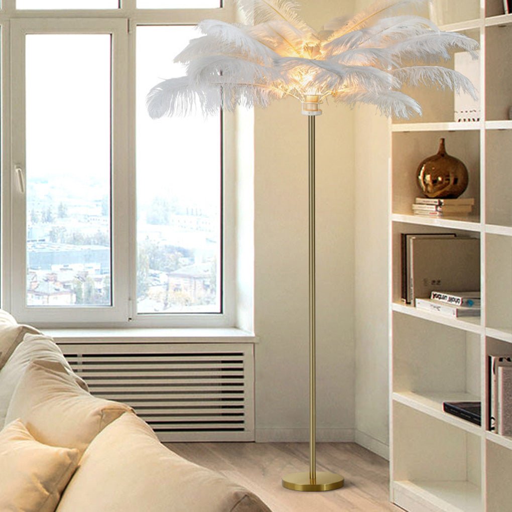 Modern 30 Inch Ostrich Feather Accent Floor Lamp with Gold Leaf Iron Base for Bedroom and Living Room