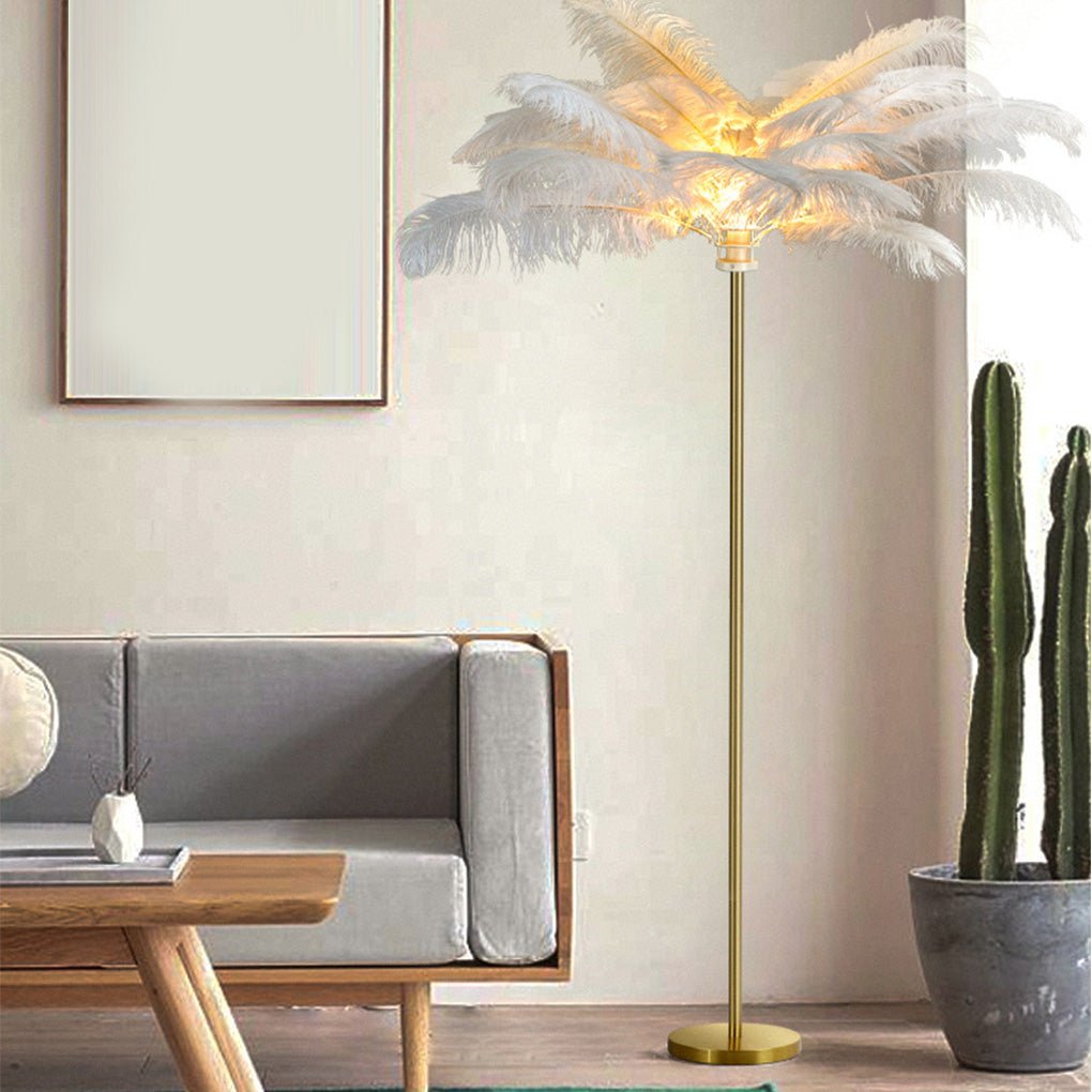 Modern 30 Inch Ostrich Feather Accent Floor Lamp with Gold Leaf Iron Base for Bedroom and Living Room