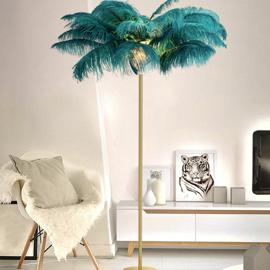 Modern 30 Inch Ostrich Feather Accent Floor Lamp with Gold Leaf Iron Base for Bedroom and Living Room