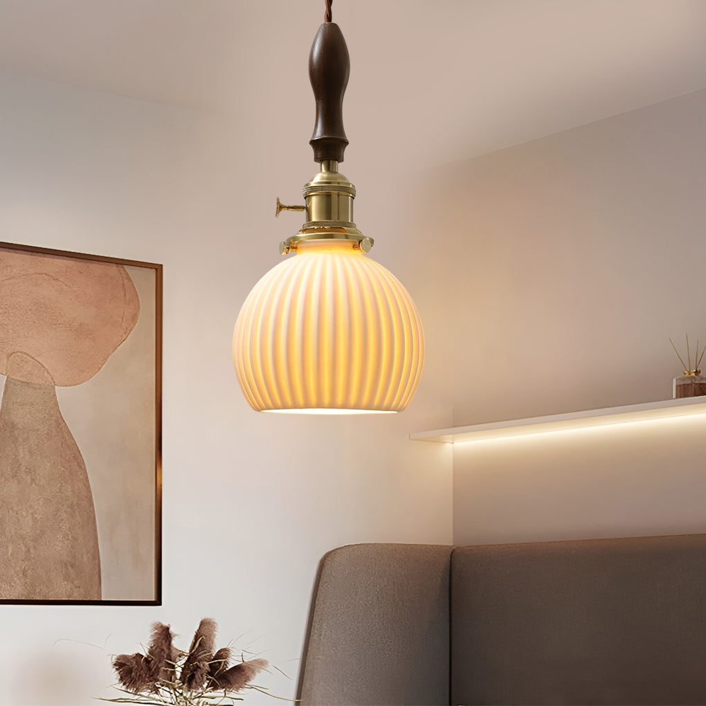 Nordic White Ceramic and Walnut Pendant Light 12W Vintage Copper LED Plug In Wall Mounted Sconce